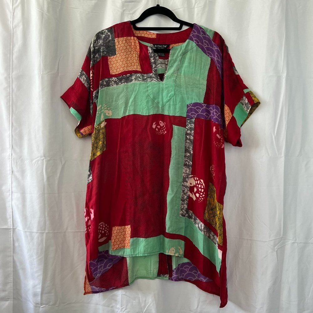 Citron Red Multicolor Patchwork Pattern Short Sle… - image 1